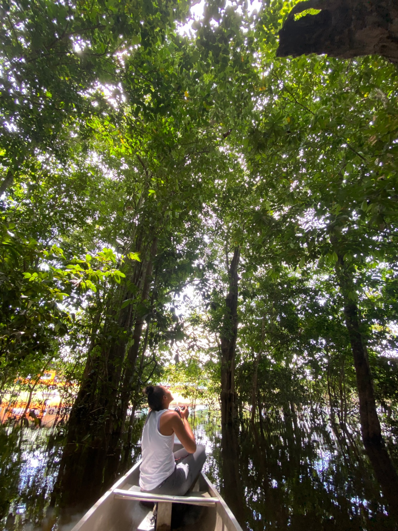 Cynthia in a dugout canoe under the rainforest canopy in Guyana, conducting bioacoustic and ethnographic fieldwork.